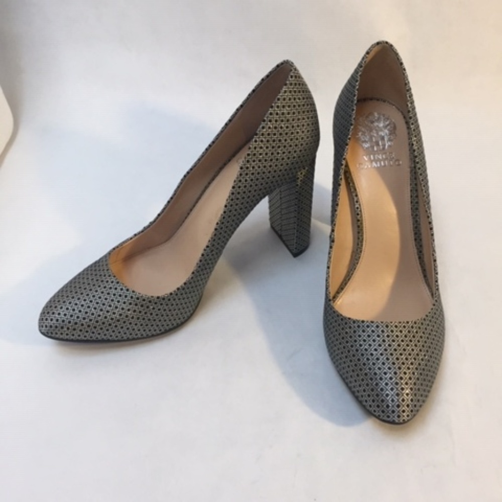 Vince Camuto Perforated Metallic Gray Block Heel Pumps